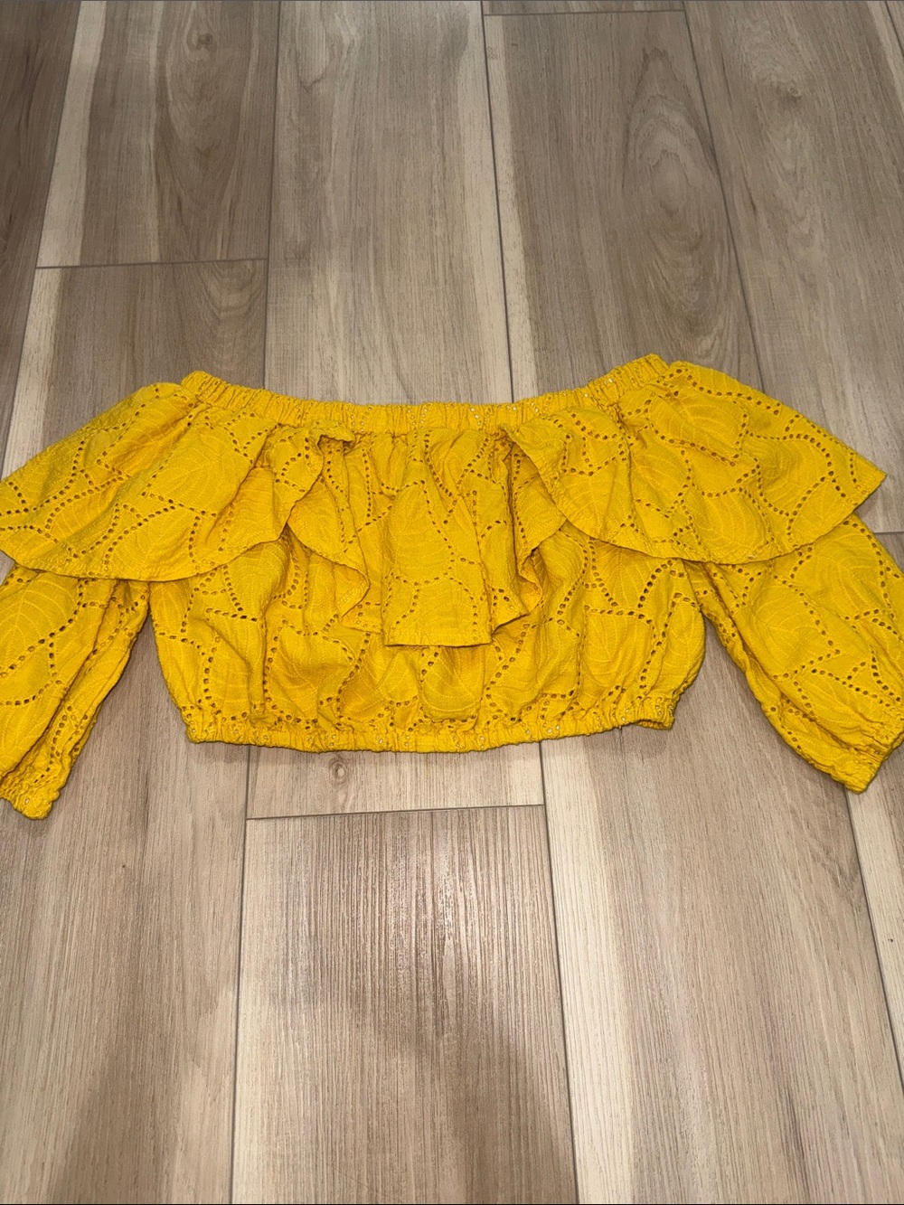 Sunshine Off-Shoulder Eyelet Ruffle Crop Top
